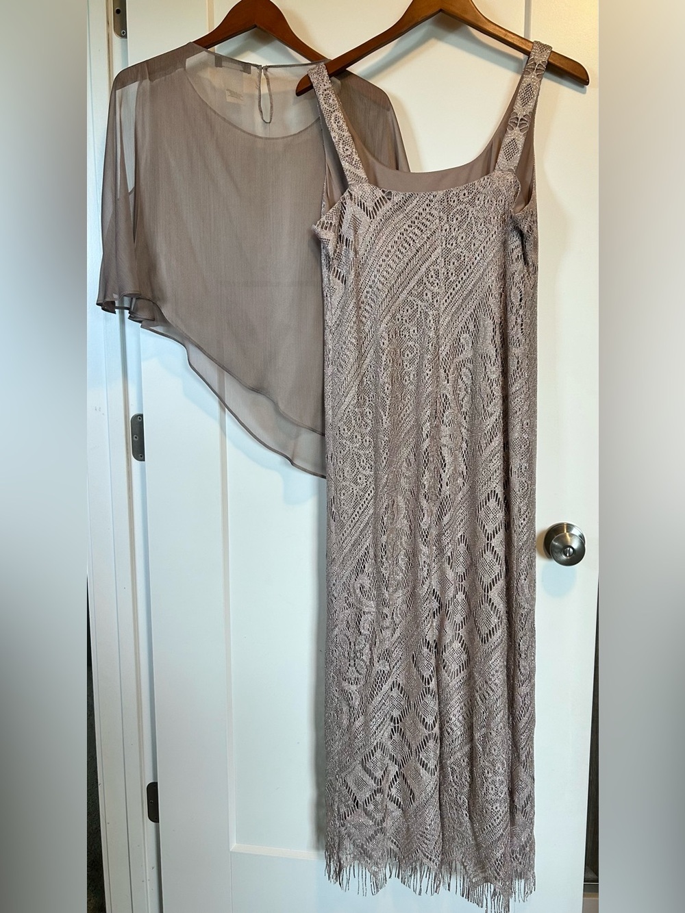 Vintage 90s S.L. Fashions Metallic Crochet Lace & Chiffon Cape 2-Piece Dress Set - Picture 2 of 15